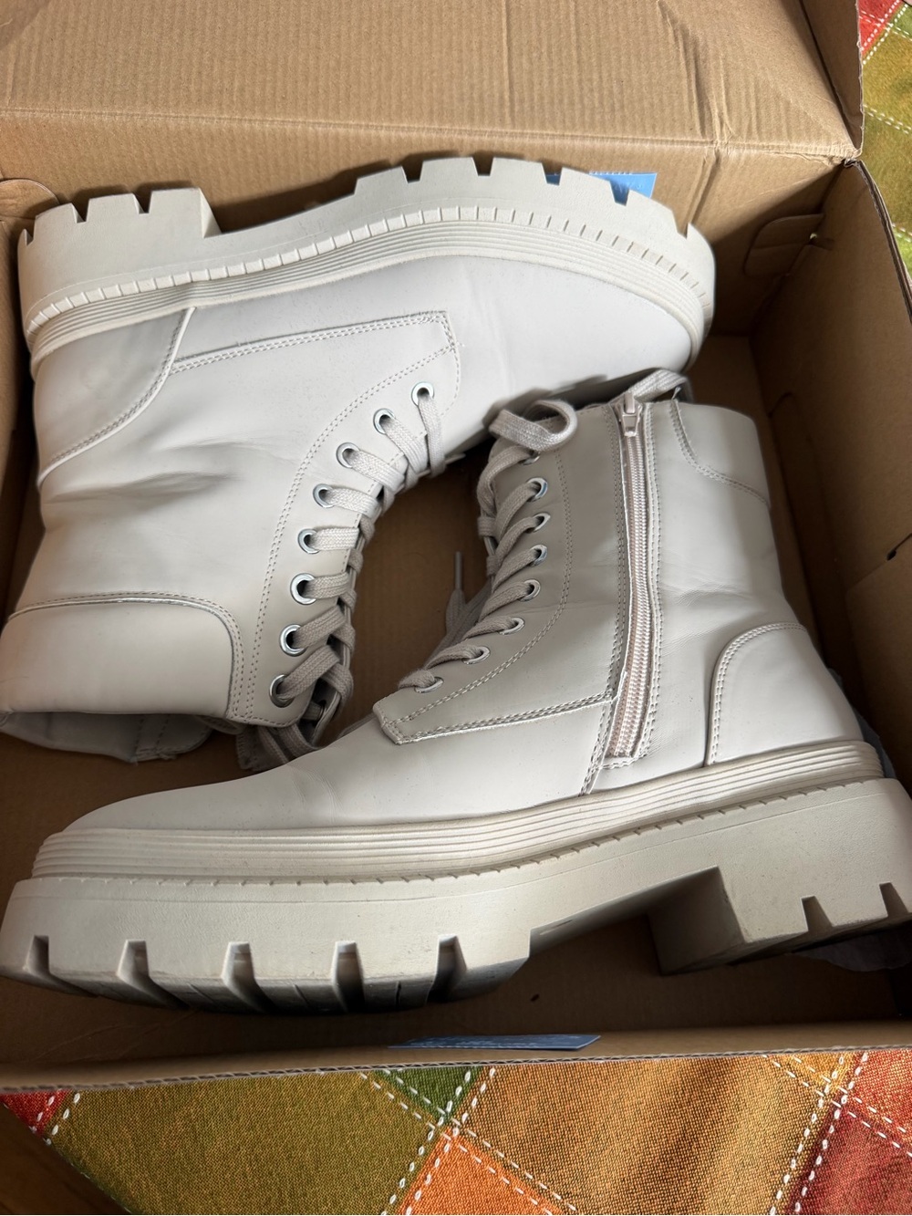 JustFab Chunky Lace-Up Moto Combat Boots in Light Cream